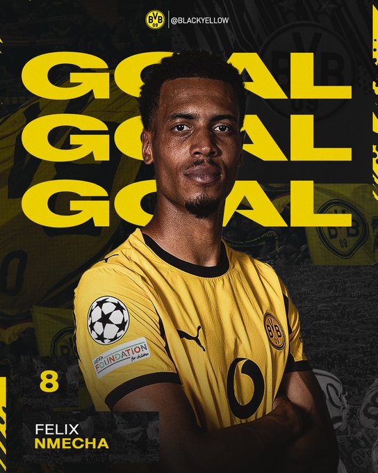 Felix Nmecha wearing a yellow and black Borussia Dortmund soccer jersey with the Champions League patch. The jersey has the number 8 and Puma logo visible. Large yellow "GOAL" text overlays the image multiple times. A watermark from @BlackYellow is present in the top left corner.
