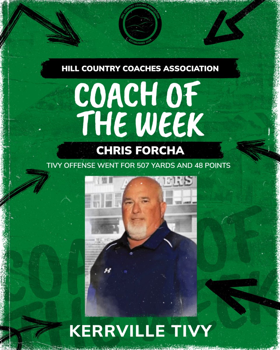 The Hill Country Coaches Association is proud to recognize Coach Chris Forcha from Kerrville Tivey as our Week 3 Assistant Coach of the Week!  

Coach Forcha’s Antlers offense rolled up 507 yards of total offense and 48 points on Friday Night! 

Thanks, Coach Forcha, for your