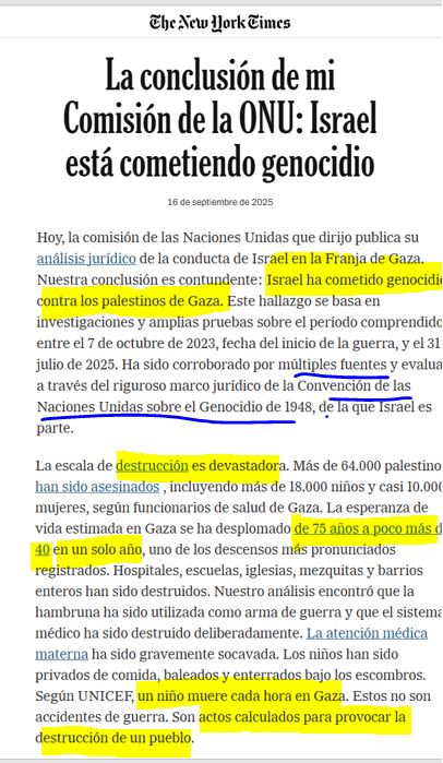 Comisión Internacional Independiente de las Naciones Unidas concluye que en Gaza se está cometiendo un genocidio. Este es el artículo que escribe hoy su presidenta para el New York Times. La esperanza de vida ha pasado de 75 a 40 años en tan solo 12 meses. nytimes.com/2025/09/16/opi…