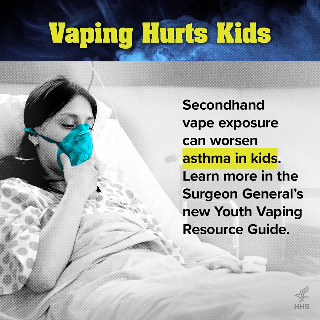 Surgeon_General's tweet image. Did you know?
Secondhand vape exposure can worsen asthma in kids.
Learn how to protect your family in the new Youth Vaping Resource Guide: bit.ly/3K7Q5Il
#StopYouthVaping