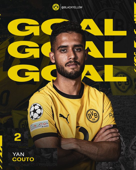 Yan Couto wearing a yellow Borussia Dortmund soccer jersey with black accents and the Champions League patch. The jersey has the Borussia Dortmund logo and Puma branding. Text overlay reads "GOAL" repeatedly in large yellow letters, with "2" and "YAN COUTO" in smaller text below.