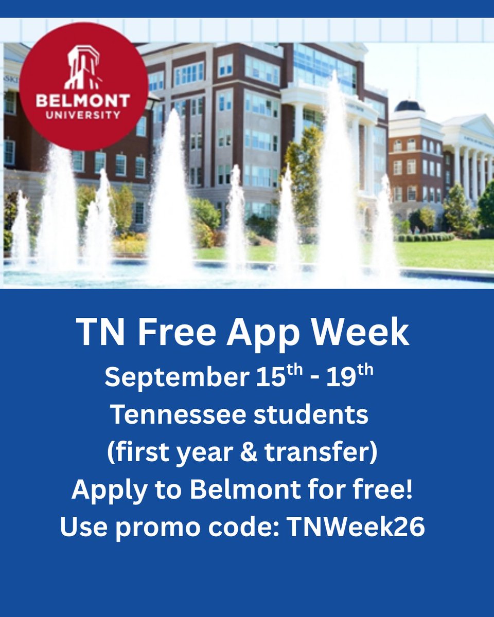 Raiders, here is another Free App Week offer YOU! If you are interested in transferring to Belmont after you graduate, don't miss this week's TN Free App Week through September 19, just use promo code TNWeek26 in the Belmont online application.