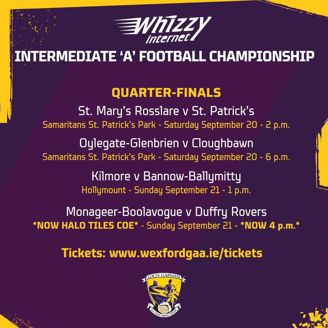 OfficialWexGAA's tweet image. Please note a change of venue &amp;amp; time for the meeting of Monageer-Boolavogue and Duffry Rovers in their @WhizzyInternet Intermediate &apos;A&apos; Football quarter-final on Sunday. The match will now take place in the @HaloTiles Centre of Excellence in Ferns, with a 4 p.m. start.

It will…