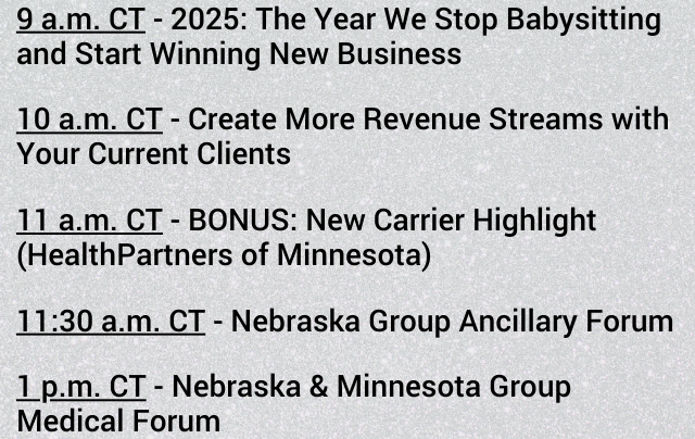 Wrap Up Virtual Sessions with Revenue Growth + Group Benefits Carrier Insights (OCI Experience Summit Day 3)

🔹Two group benefits forums
🔹Sales strategy to drive new business &amp; cross-sell with current clients
🔹OCI’s new carrier partnership

🔗 Register: ow.ly/IYsP50WXE45