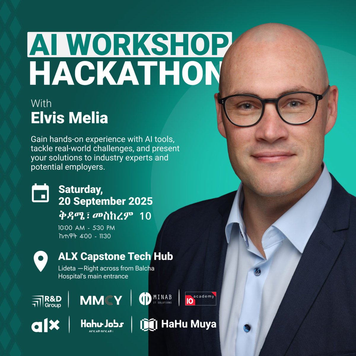 ✨ Don't miss this! ✨
Join us for an exclusive one-day AI Workshop &amp; Hackathon with AI expert Elvis Melia, 
🗓 Date: 20 September 2025

📍 Venue: ALX Capstone Tech Hub, Lideta

🔗 Register here: tinyurl.com/yr63m3vy

NOTE: Please bring your personal laptop to participate. 💻