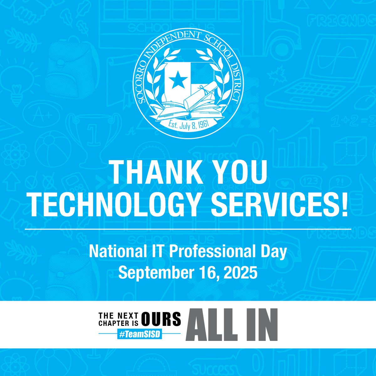 SocorroISD's tweet image. Wishing a fantastic National IT Professionals Day to our incredible #TeamSISD Technology Services team! Your dedication to safeguarding our systems and crafting smart, forward-thinking solutions makes a powerful impact across our schools. Because of your hard work, every student…