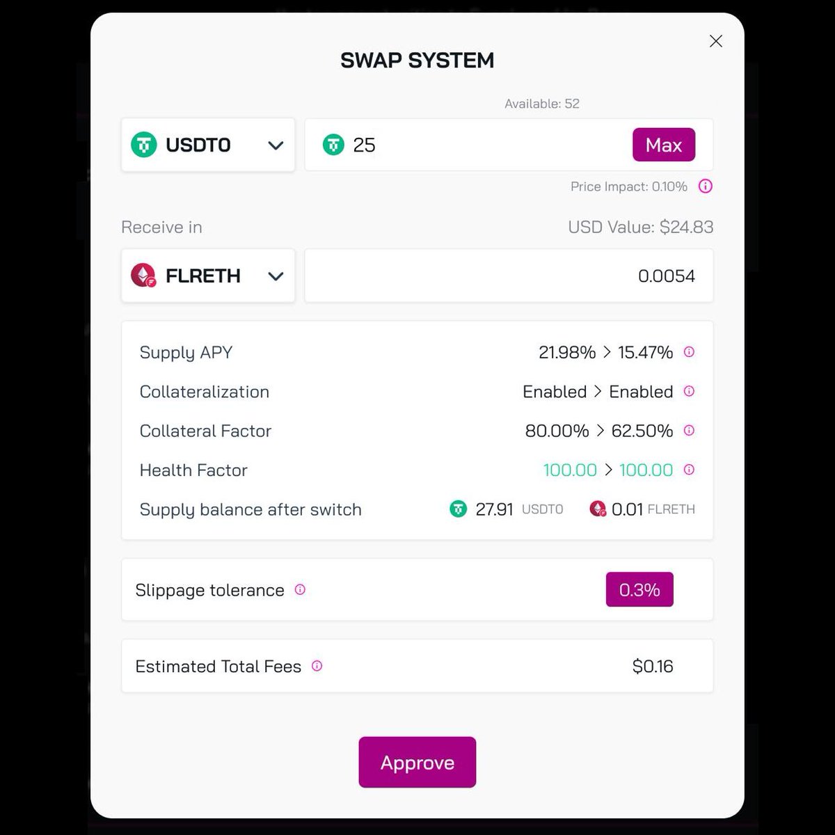 💮Supply Swap is finally here!
Within Kinetic's primary markets, users can now swap their supplied collateral tokens for other supply tokens while keeping their existing borrows!
