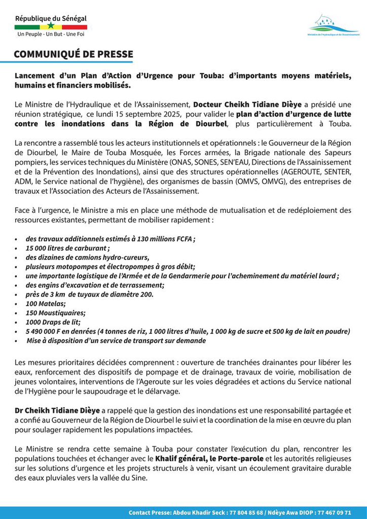 COMMUNIQUÉ DE PRESSE
Lancement d'un Plan d'Action d'Urgence pour Touba: d'importants moyens matériels, humains et financiers mobilisés.