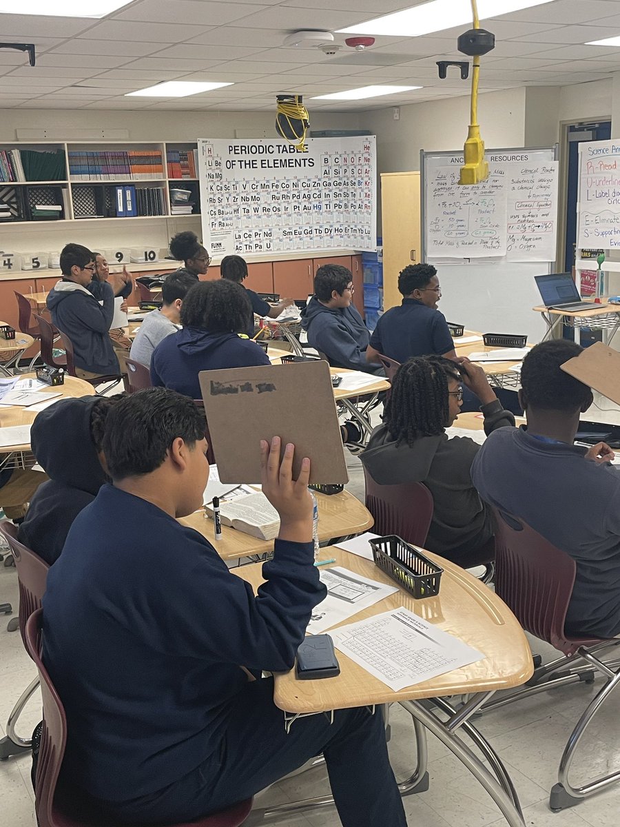 Students in Mrs. Espino’s science class engage in a lesson exploring how mass is conserved in chemical reactions.