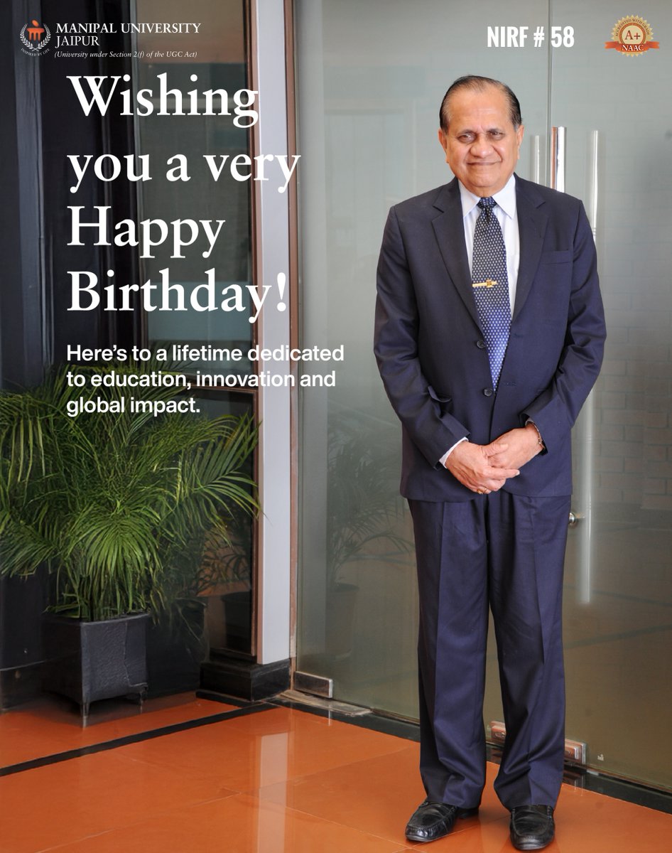 Jaipur_Manipal's tweet photo. Heartfelt wishes to our beloved founder, Dr. Ramdas M. Pai, on his 90th birthday. 🎉🙏
Your vision built MUJ, your wisdom guides us, and your compassion inspires us every day.
Wishing you health, happiness & a long life.
#HappyBirthday #DrRamdasMPai #90YearsOfExcellence https://t.co/UXAAC5C4pm
