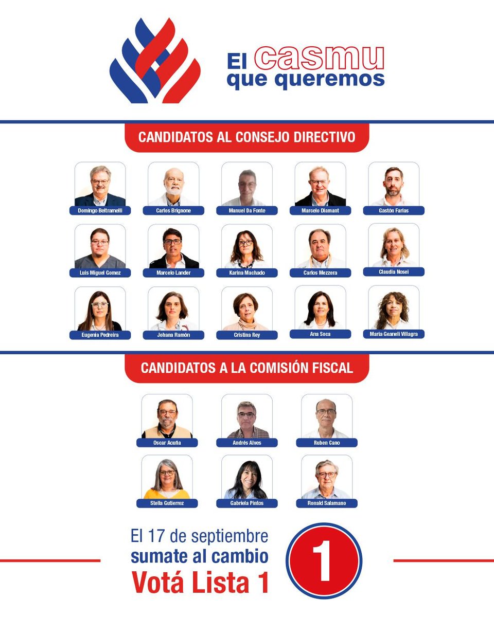 Este es nuestro equipo. Estos son los profesionales honestos que quieren cambiar la historia de CASMU a partir de mañana. Acompañanos. Tu futuro y el del CASMU dependen de vos. Elegí volver a la normalidad. Elegí la Lista 1. Elegí volver a ser El CASMU Que Queremos.