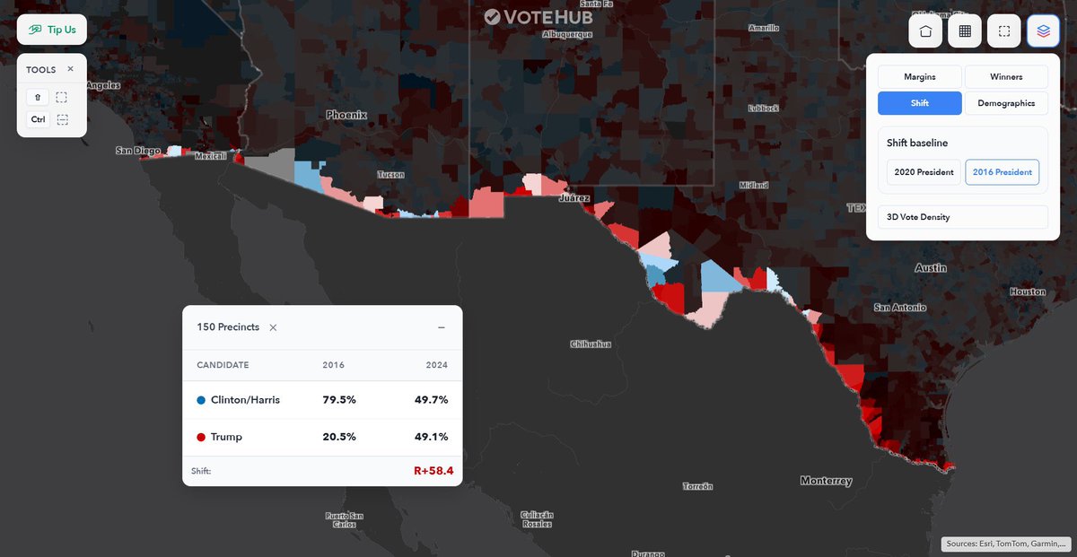 VoteHub's tweet photo. Mexico border precincts:

2016: 🔵 Clinton +59
2024: 🔵 Harris +0.6 https://t.co/1qkmVASN0L
