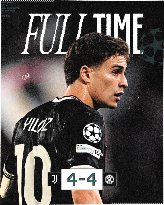 A soccer player wearing a black Juventus jersey with the number 10 and name "Pirlo" on the back. The jersey features the UEFA Champions League patch. The player has short brown hair and is shown in profile, facing left. Text overlays include "FULL TIME" at the top, a score of 4-4 between Juventus and Borussia Dortmund, and Juventus and Borussia Dortmund logos.