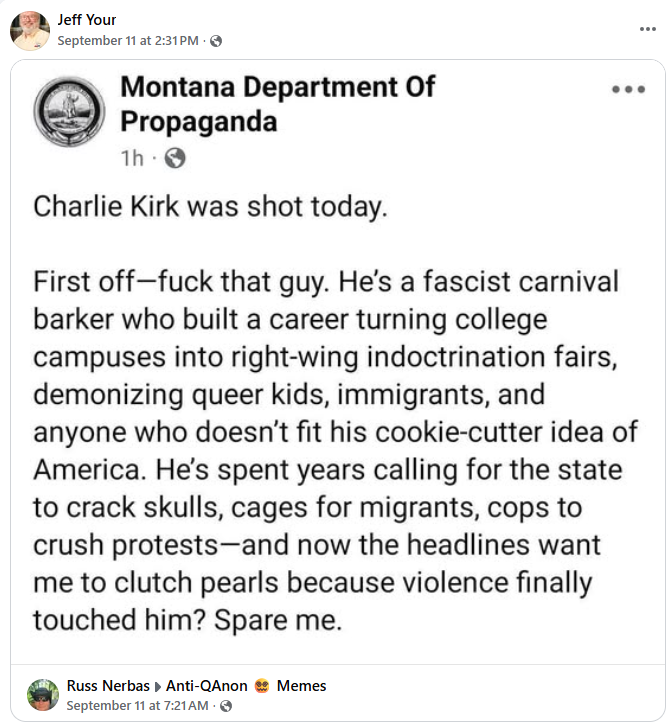 ARmastrangelo's tweet photo. Meet Jeffrey Your, John Carroll University @JohnCarrollU Director of Laboratory Services, who reacted to Charlie Kirk’s assassination by sharing posts declaring "Some men improve the world only by leaving it" and lamented those who want people "to stop taking pleasure at the idea of somebody else’s death."

He also shared messages stating "Fuck that guy, he’s a fascist" and "now the headlines want me to clutch my pearls because violence finally touched him? Spare me."