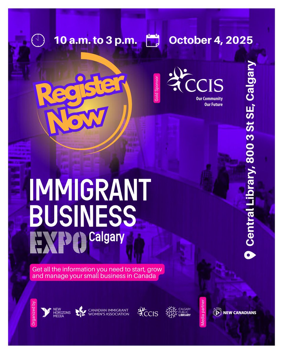 Join us at the #ImmigrantBusinessExpoCalgary on Oct 4, a #FreeEvent for new &amp; aspiring #ImmigrantEntrepreneurs. 

What to expect:
✔️Workshops, panel discussion &amp; a keynote
✔️Marketplace &amp; community services
✔️Small business clinics

👉 Register here: buff.ly/gOMBZC2