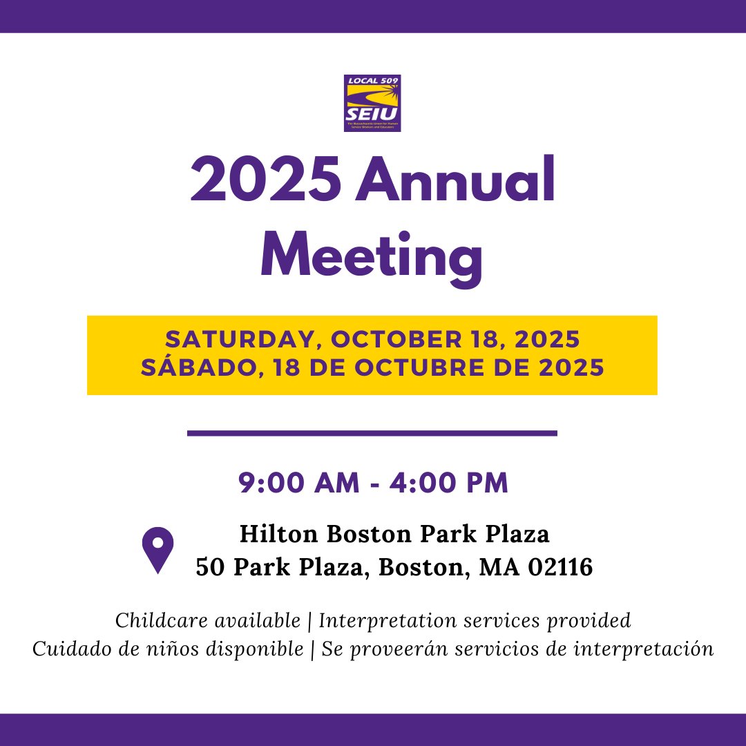 SEIU 509 members: ICYMI! 
📅 October 18
📍 Hilton Boston Park Plaza 

Join your fellow union siblings for our 2025 Annual Meeting/Nominating Convention! This is an important time for us to celebrate our victories &amp; organize to build even greater worker power in the coming year.