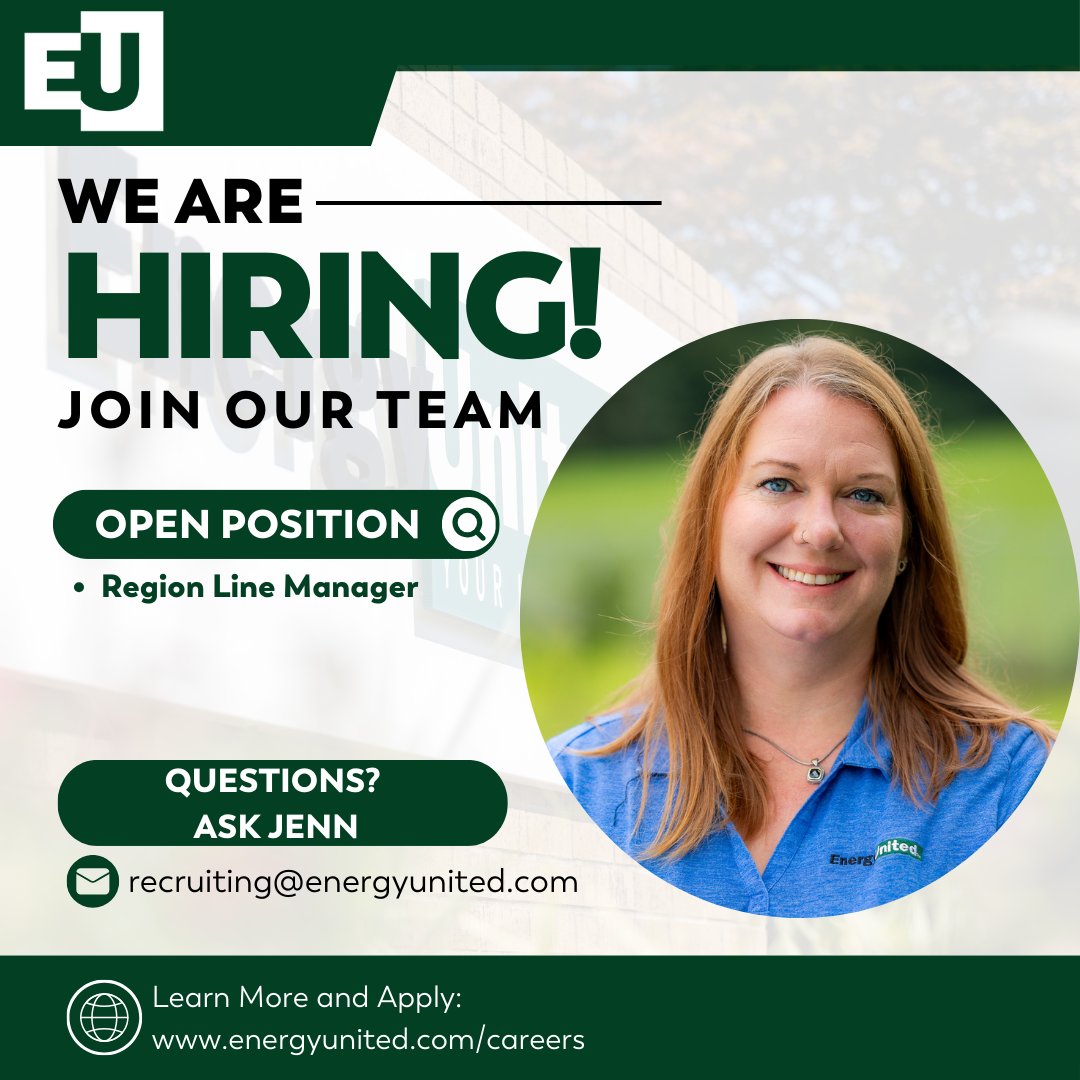 𝗝𝗼𝗯 𝗔𝗹𝗲𝗿𝘁 🚨 | 𝗥𝗲𝗴𝗶𝗼𝗻 𝗟𝗶𝗻𝗲 𝗠𝗮𝗻𝗮𝗴𝗲𝗿 
EnergyUnited is hiring a region line manager to lead our crews and power communities. 💼 Apply today:   zurl.co/y4I1z
#AskJenn