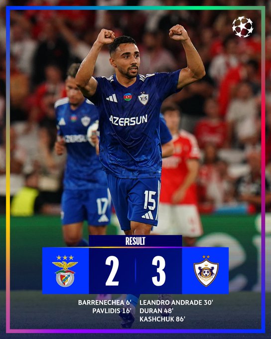Leandro Andrade celebrating with arms raised, wearing a blue Qarabağ soccer jersey with number 15 and "AZERBAIJAN" text. Baris Alper Yılmaz in a similar blue jersey with number 17 is visible in the background. Players in red jerseys are on the field. A scoreboard shows Benfica 2, Qarabağ 3, with goals by Baris Alper Yılmaz 16\', Pavlidis 48\', Leandro Andrade 30\', and Kashchuk 86\'. A UEFA Champions League logo is at the top.