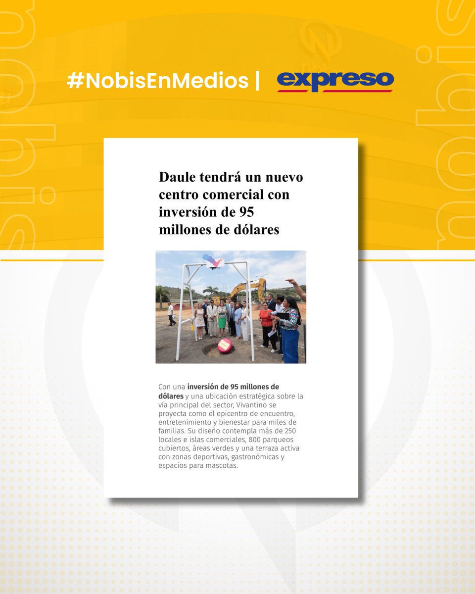 #NobisEnMedios 📝 | Compartimos con
orgullo la nota publicada por <a href="/Expresoec/">Diario Expreso</a>, que
reconoce al proyecto urbanístico <a href="/Vivantinomall/">Vivantino Mall</a> como
el primer centro comercial de La Joya, consagrándose
como un ícono moderno del avance en el país.

<a href="/MALLDELSOL_EC/">Mall del Sol</a> 

🌐 Lee la noticia completa en