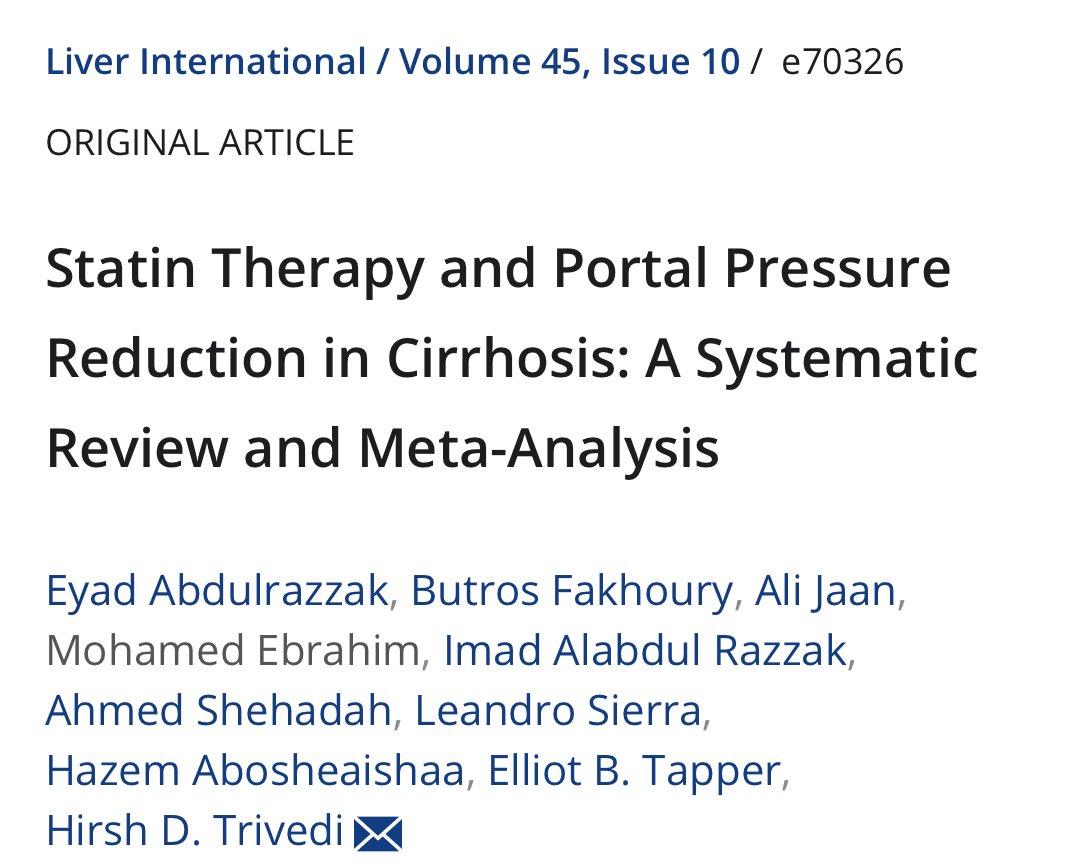 Happy to share our recent work on the role of statins in cirrhosis in <a href="/LiverInt/">Liver International</a> 

Statin in cirrhosis-&gt; ⬇️ HVPG but no significant change in ascites, rate of variceal🩸, or ☠️.

Appreciate <a href="/ebtapper/">Elliot Tapper</a> &amp; <a href="/HD3vedi/">Hirsh D. Trivedi, MD, MS</a> for mentoring our work.