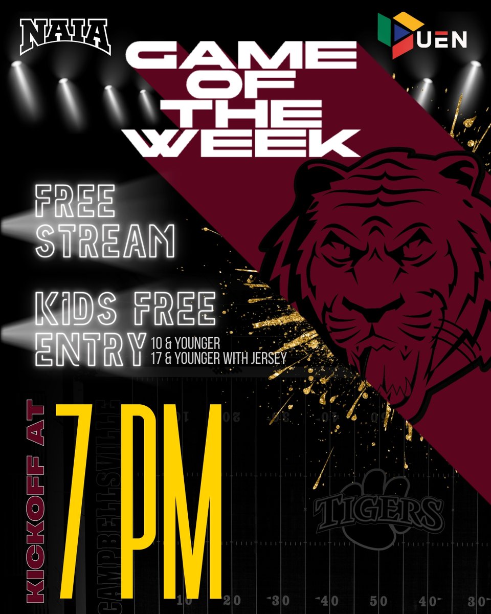 This weekend, the Tigers' home debut will be something special!

🏈 As the NAIA-UEN Game of the Week, our stream will be free, no sub required!
🏈 Kids 10 &amp; under get in free! To show our support for youth athletics, students 17 &amp; under wearing their jersey also get in free!