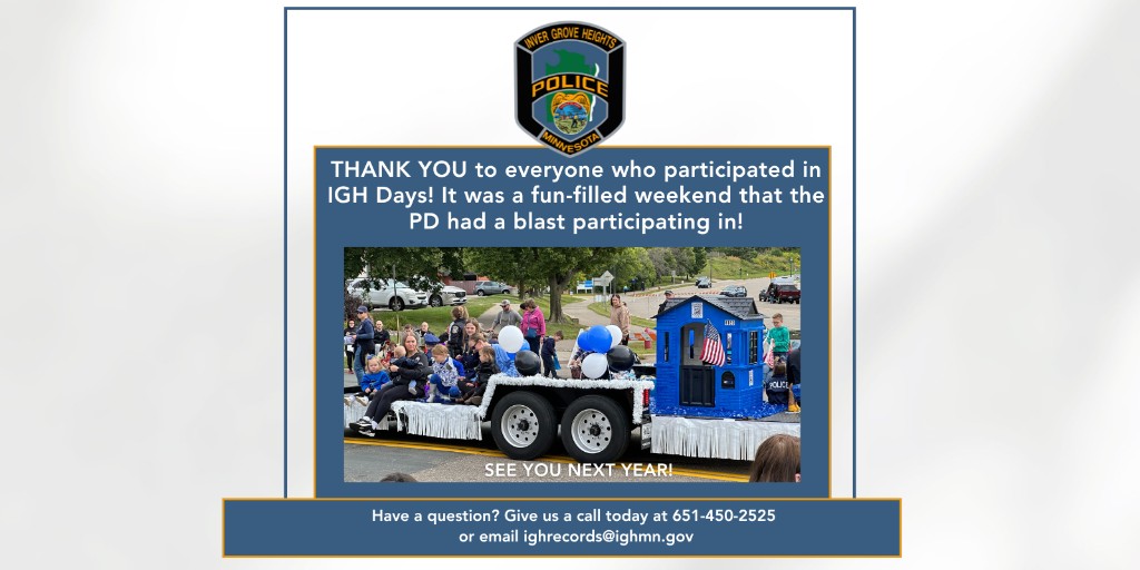 🚓Here is the IGH PD weekly report for Sep. 1 - Sep 7. 🚓
🗺️For more information, including an interactive crime map and monthly reports, head to the City's website at:
ighmn.gov/CrimeMap