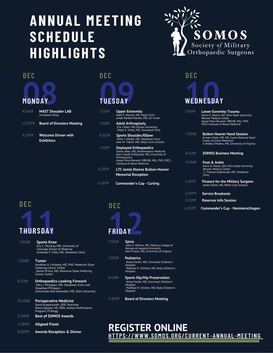 Get a glimpse of what’s ahead—check out the schedule highlights for the SOMOS Annual Meeting! zurl.co/dnzkk

#SOMOS2025 #Orthopaedics #MilitaryMedicine #MedicalEducation #Networking
