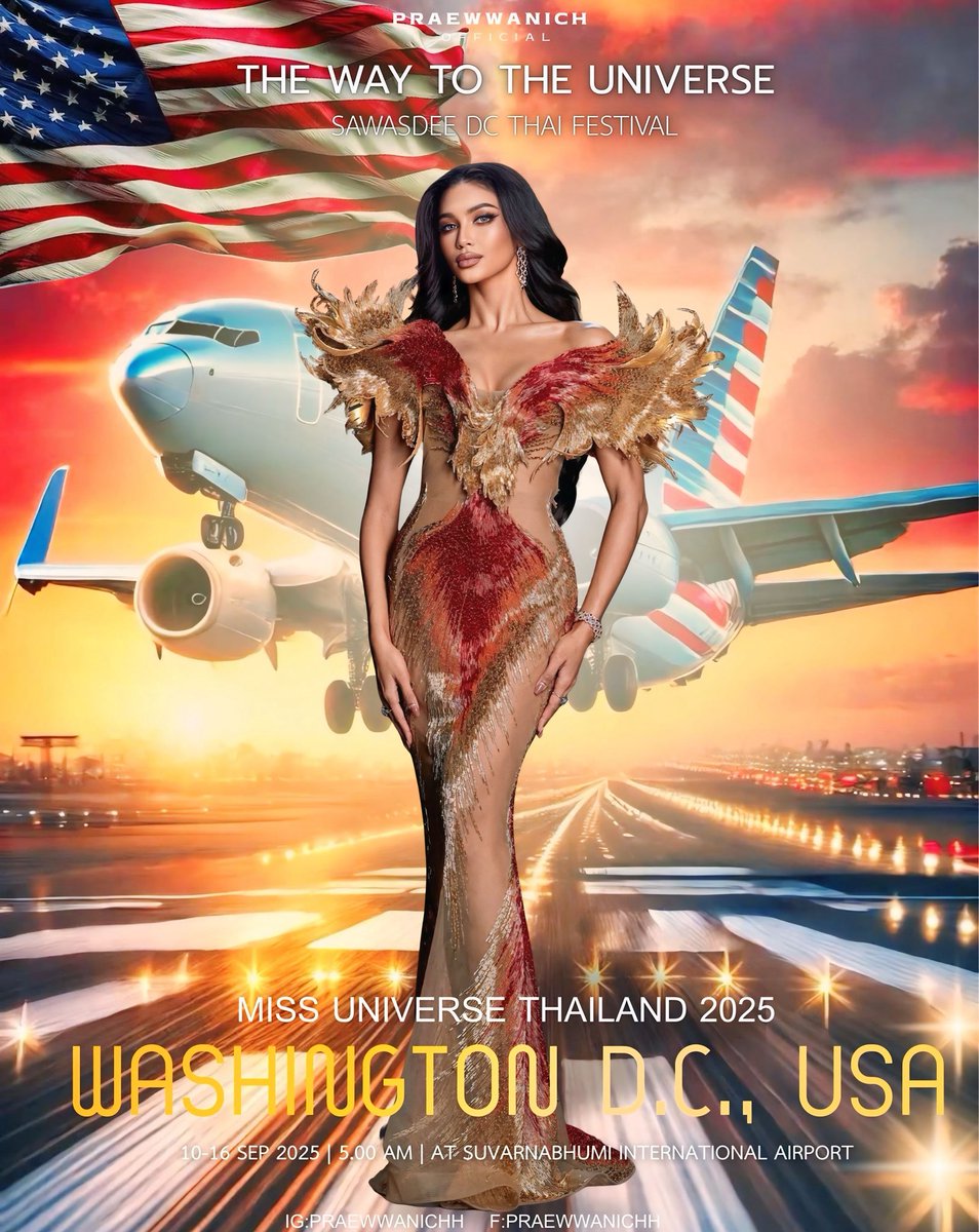 ”Washington D.C. bound for the Sawasdee DC Thai Festival! ✈️ The 𝐌𝐢𝐬𝐬 𝐔𝐧𝐢𝐯𝐞𝐫𝐬𝐞 𝐓𝐡𝐚𝐢𝐥𝐚𝐧𝐝 𝟐𝟎𝟐𝟓 ✨และ แพรววณิชยฐ์ 🤎
 พร้อมกันที่ สนามบินสุวรรณภูมิ
เวลา:5:00 AM
ประตู2 ชั้น4 departure hall

#แพรววณิชยฐ์
#Praewwanichh