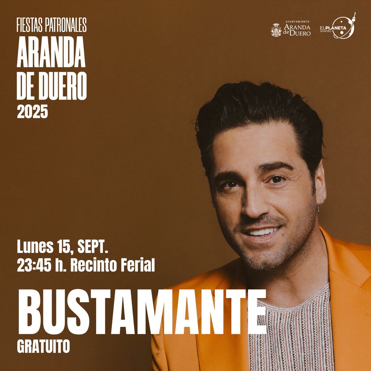 💥 ¡Aranda de Duero se viste de fiesta! 💥

🎤 <a href="/MariaBecerra22/">LNDA 🇦🇷</a> nos hará vibrar el domingo 14 de septiembre a las 23:45h en el Recinto Ferial.

🎤 <a href="/David_Busta/">Bustamante</a> llegará el lunes 15 de septiembre a las 23:45h en el Recinto Ferial.

🎟️ Y lo mejor de todo… ¡La entrada es GRATUITA