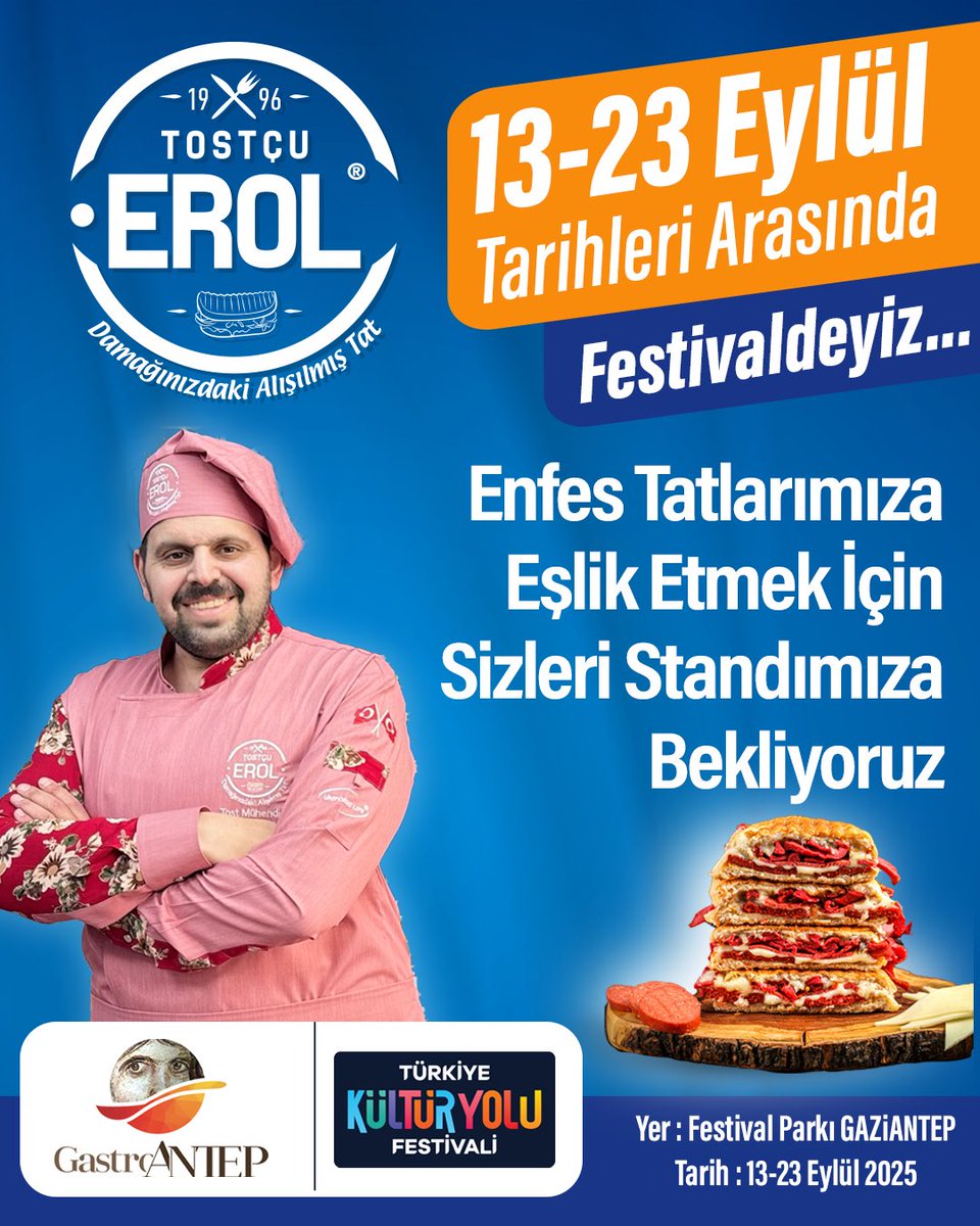 Tostçu Erol olarak GastroAntep Kültür Yolu Festivaline hazırız

13-23 Eylül 2025 tarihleri arasında Festival Park’taki standımıza bekleriz
Türkiye’nin ilk ve tek online tostçusu 

#TostçuErol #TostMühendisi #GastroANTEPKültürYoluFestivali #GastroANTEP #TürkiyeKültürYoluFestivali