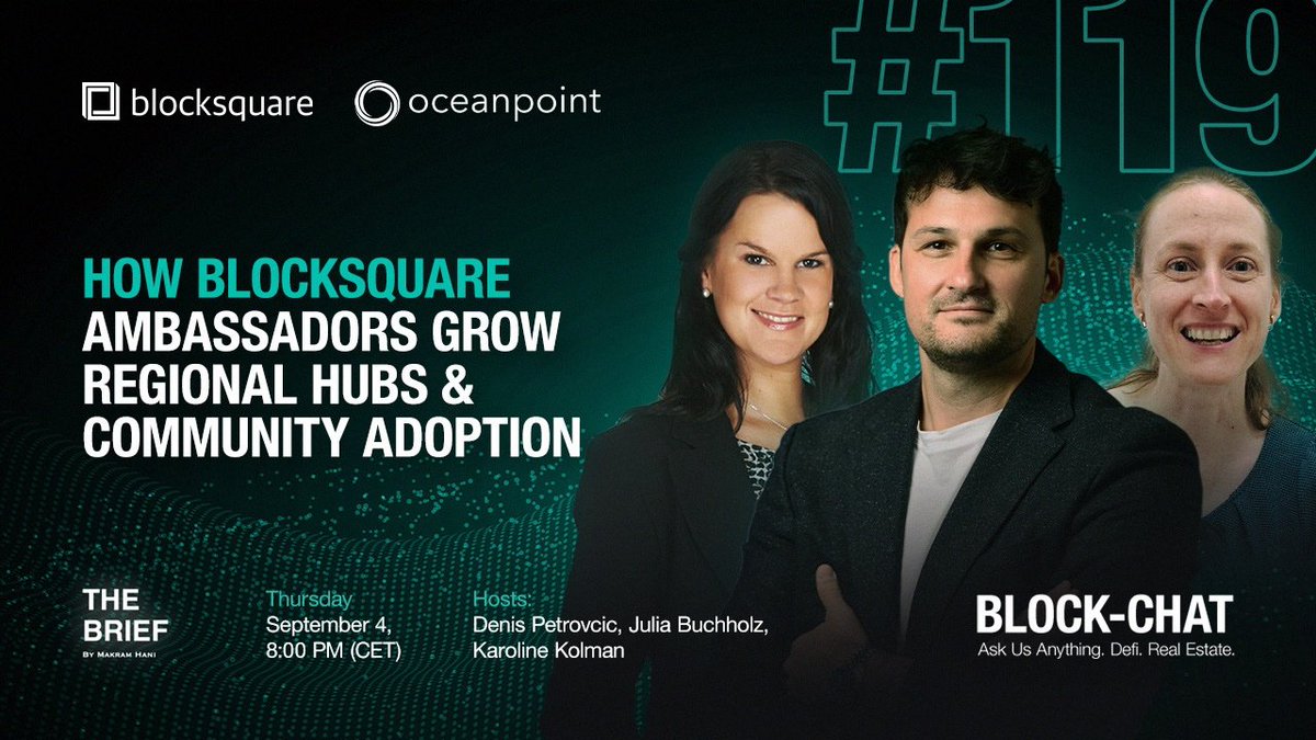 andah_sule's tweet image. “Why will someone become an ambassador? It&apos;s possible because they see a future in real estate tokenization.” - @Blocksquare_io CEO Denis Petrovcic on #BlockChat. Join the movement! #Tokenization #RealEstate #RWA #CommunityGrowth #RegionalHubs