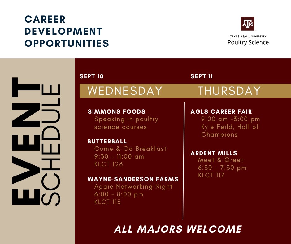 TAMUPOSC's tweet image. 📣 Campus is buzzing this week with company visits!

We’re thrilled to welcome top industry partners for career development and networking opportunities.

✨ Don’t miss these chances to learn, connect, and grow your future career in poultry and beyond!