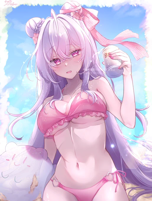 #桃音画 (修正再掲) まだまだあつぅ~い ビーチで乾杯𖤐 ̖́-