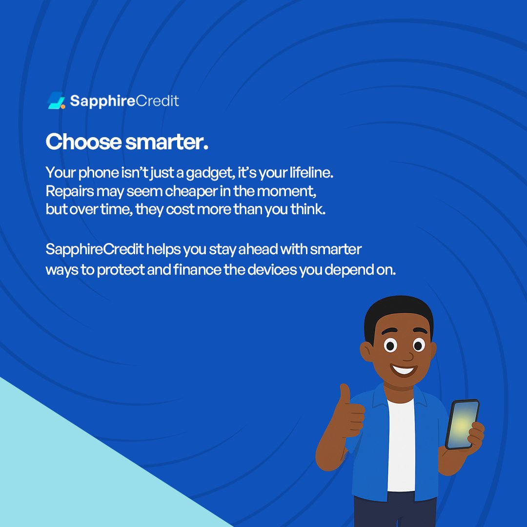 sapphirecredit's tweet image. A broken phone isn’t just a repair bill, it’s missed calls, stalled plans and stress.
With SapphireCredit, you can protect your gadgets & finance new ones with ease.
#DeviceProtection #PaySmallSmall