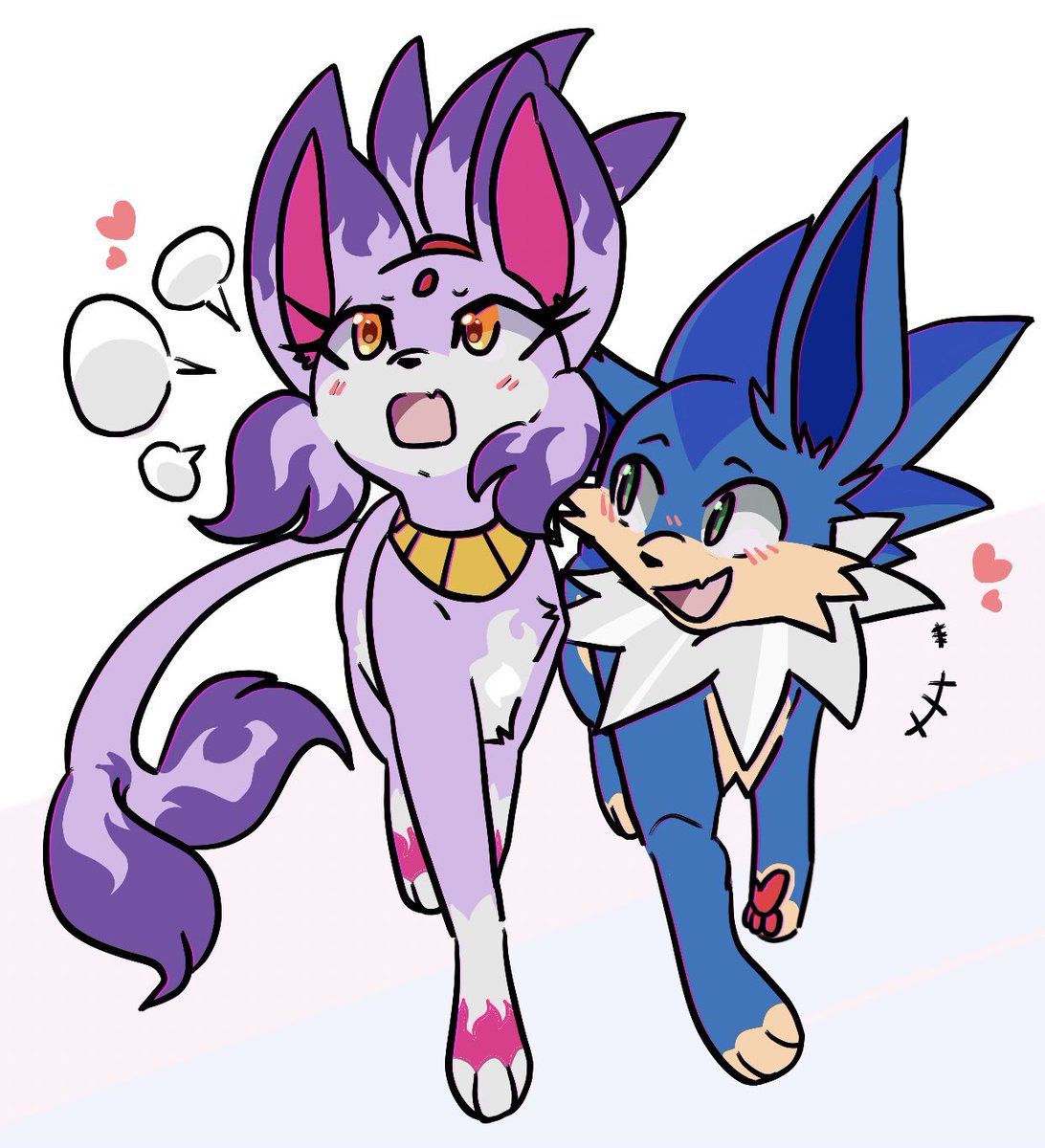 xRenzsu's tweet image. She has a lot to say, but that’s okay. He can listen 💙💜

Decided to doodle the Espeon and Jolteon Sonaze idea, so now they’re on a stroll together :)