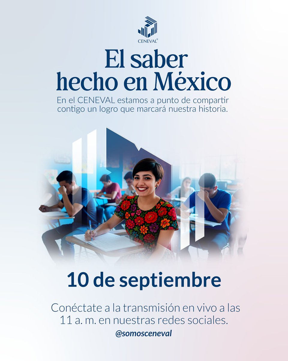 El CENEVAL está por dar un paso significativo en su historia. Te invitamos a ser parte de este importante acontecimiento.

Sigue nuestras redes sociales y mantente al tanto de nuestras próximas novedades. 

📅 Fecha: 10 de septiembre, 2025.
⏰️ Horario: 11 horas.