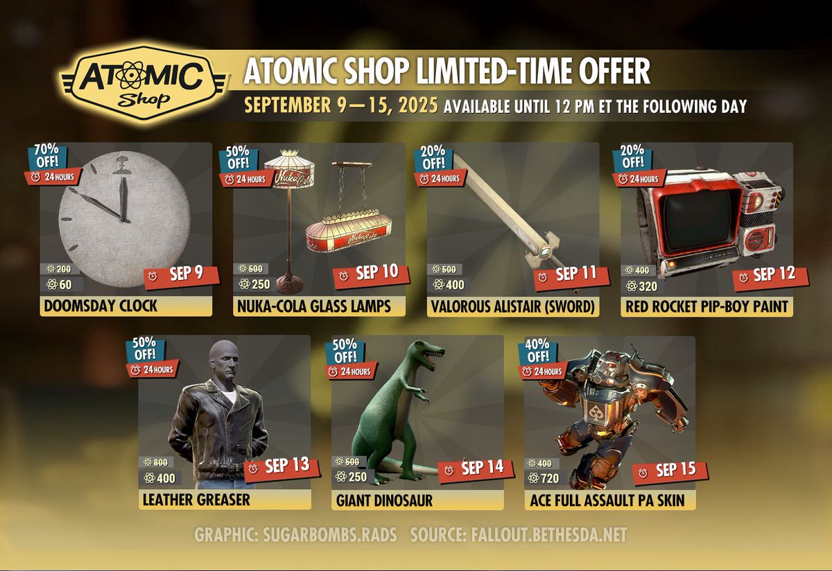 This week Atomic Shop limited-time offer (SEPTEMBER 9 - SEPTEMBER 15, 2025). Each item will be available until 12 P.M. ET the following day.

Image Credit: SugarBombRADS

#Fallout76 #DuchessFlame