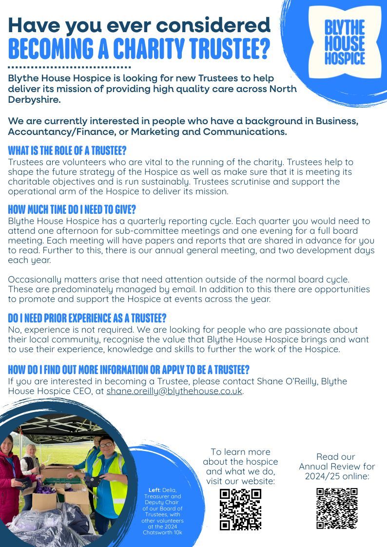 Could you be one of the people helping to guide Blythe House Hospice? We’re looking for passionate, community-minded Trustees to join our Board and support our mission to provide outstanding care across North Derbyshire.