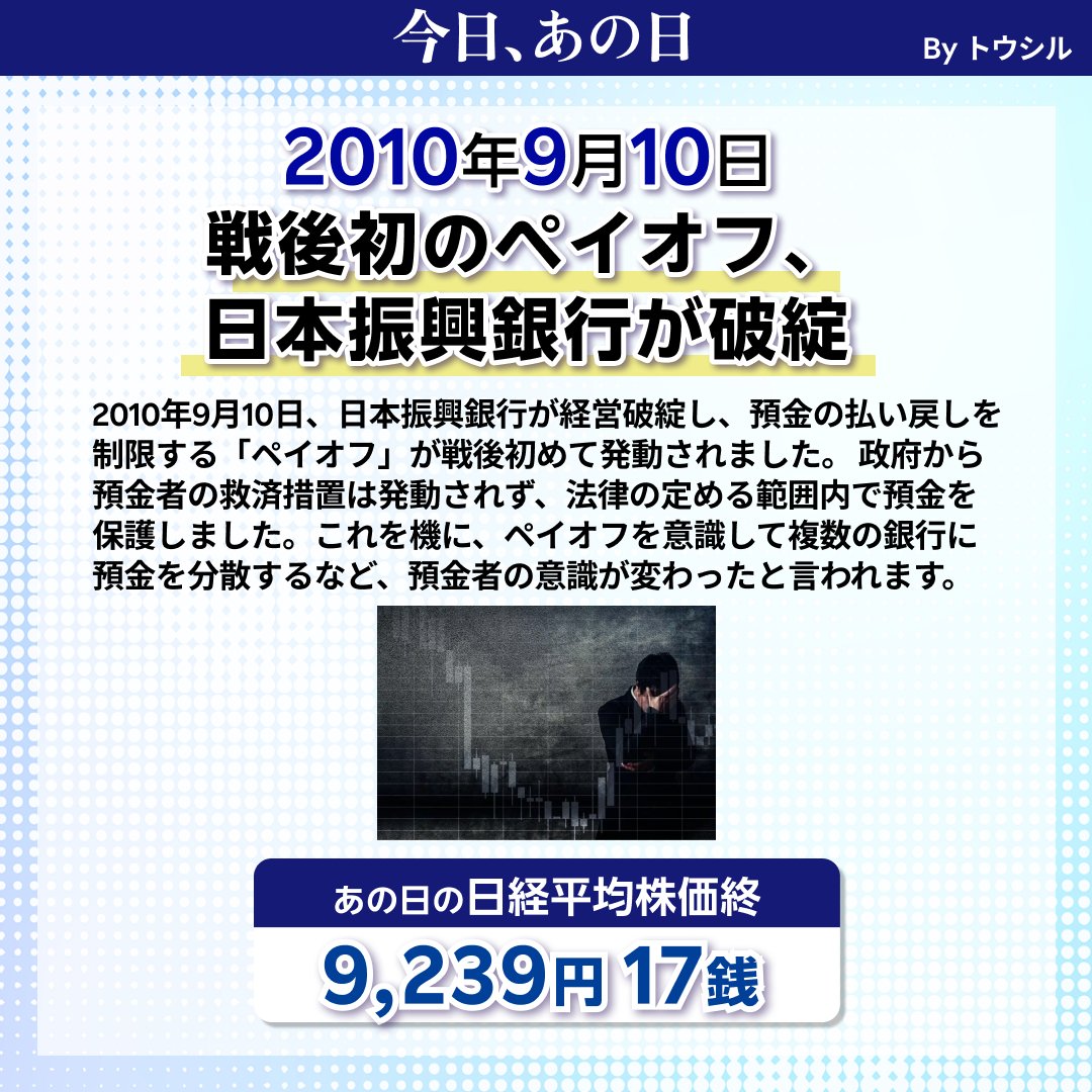 今日はなんの日 ？​ 【2010年9月10日】戦後初のペイオフ、日本振興銀行が破綻​ ＼​  経済、政治、社会に影響を与えた、今日同じ日の歴史を、当時の日経平均株価とともに振り返りましょう！​ #楽天証券 #豆知識 #投資初心者