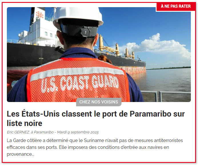Les États-Unis classent le port de #Paramaribo sur liste noire. La Garde côtière a déterminé que le #Suriname n’avait pas de mesures antiterroristes efficaces dans ses ports.
Le Suriname rejoint Cuba et le Venezuela sur cette liste.
@FranceGuyane
franceguyane.fr/actualite/chez…