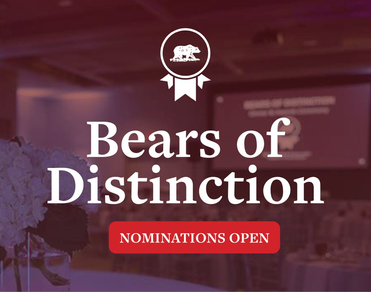 Nominations are open for the 2026 Bears of Distinction Awards. Help us honor alumni and former faculty or staff for their exceptional achievements. Recipients will be recognized April 25, 2026. bit.ly/3JQ3FAd