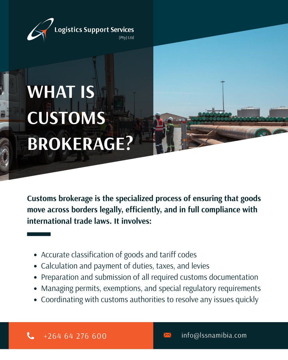 LSS_Namibia's tweet image. At Logistics Support Services (Pty) Ltd, we simplify this complexity by acting as your customs partner. Our expertise ensures that every shipment is cleared on time, so you can concentrate on running your operations.

#NamibiaLogistics #CustomsBrokerage #LSSNamibia