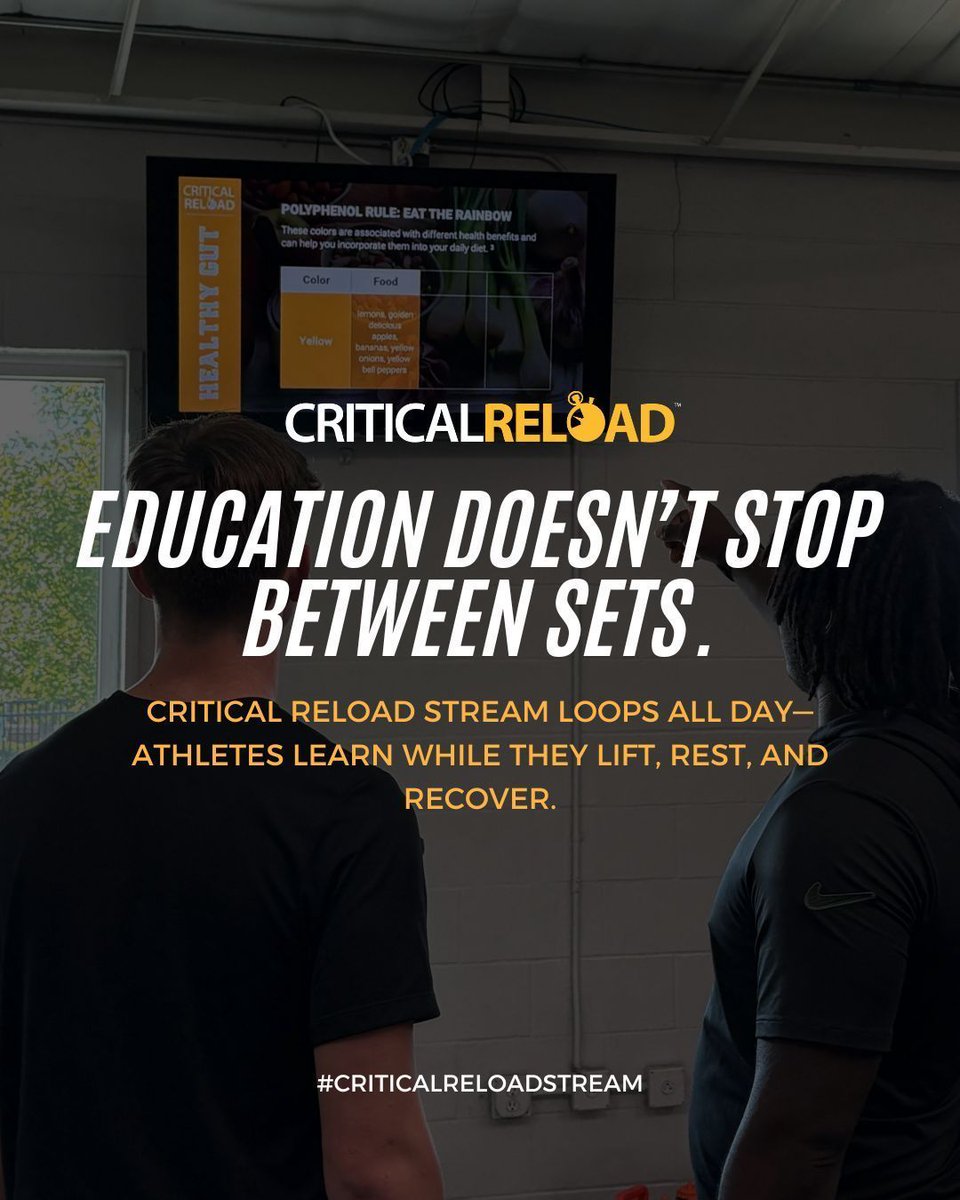 critical_reload's tweet image. 🎥 It’s always on.

At Trinity High School, Critical Reload Stream isn&apos;t just a one-time lesson—it’s part of the weight room environment. Athletes soak it in between sets, before practice, and even during recovery.

📺 Athletes absorb nutrition strategies between sets.
🧠…