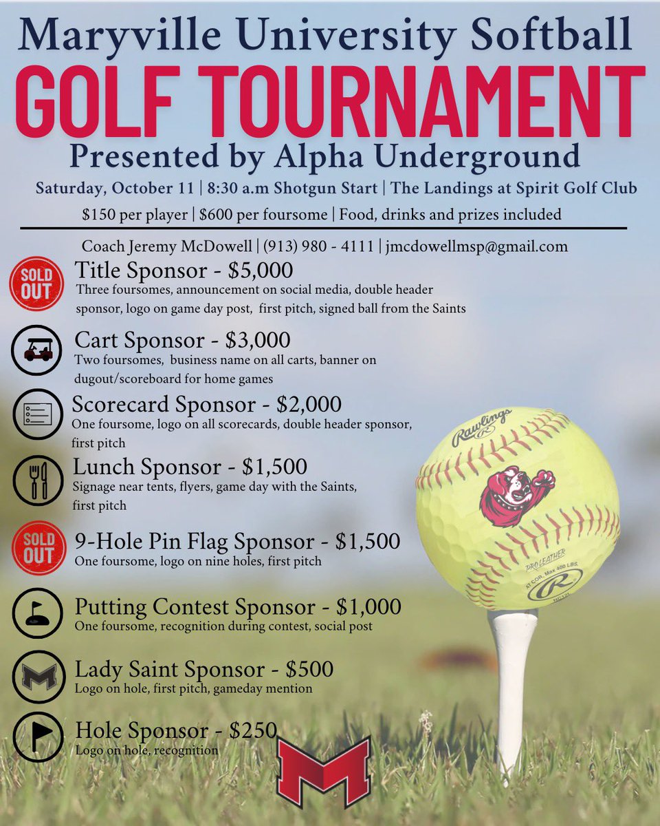 ⛳️ Maryville Softball Golf Tournament ⛳️
Presented by Alpha Underground (Title Sponsor locked in 🔒)

📅 Oct 11 | ⏰ 8:30 AM | 📍 The Landings at Spirit

We need more teams &amp; Hole Sponsors 🙌
👉 one.bidpal.net/musoftball25go…

Auction site is live ‼️

#SaintsSoftball | #Team401