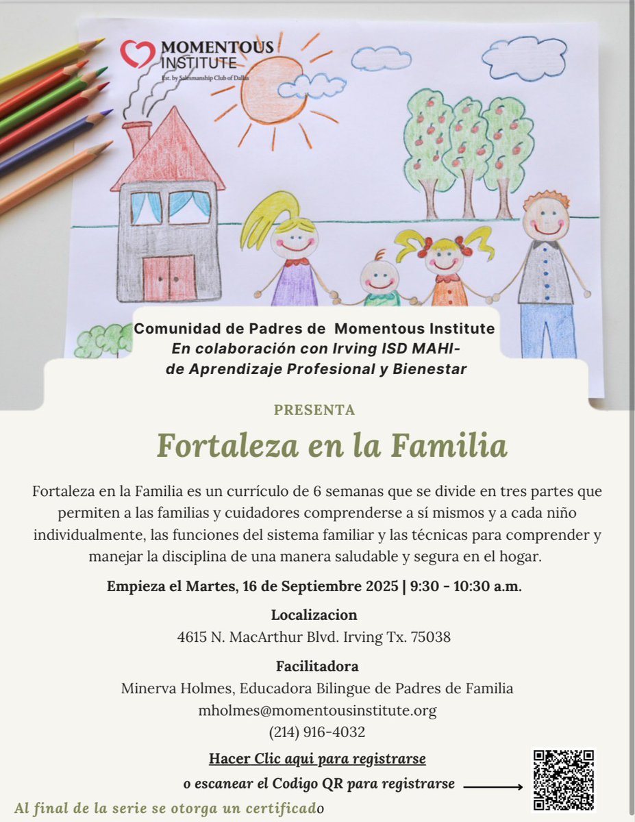PFE_IISD's tweet photo. 📢 Irving parents, join our Momentous Institute “Strong Families” series starting next Tuesday at MAHI (4615 N MacArthur Blvd, Irving, TX 75038)!
🕤 Spanish – 9:30 AM: https://t.co/tuisJ2fcwV
🕚 English – 11:00 AM: https://t.co/5xUlMvL7EZ https://t.co/Lqi7aoSaYb