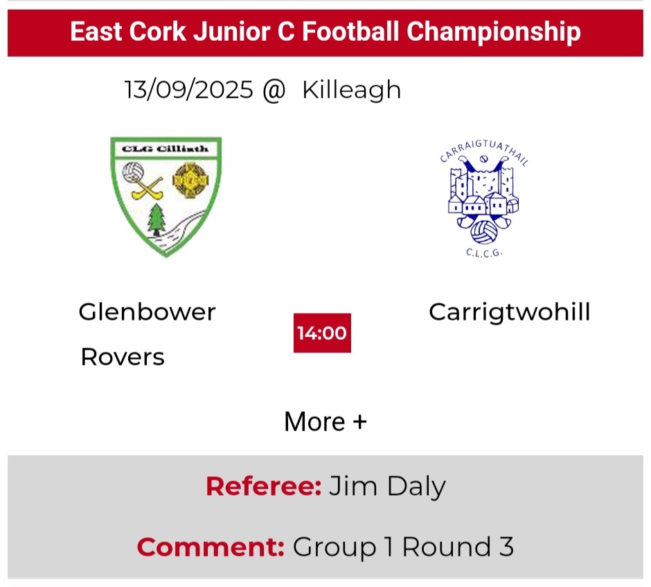 ADULT FIXTURES:

Thurs 11th:
Junior A Football Ch'ship Rd 3 v Dungourney in Killeagh at 7.45pm.

Tickets are €5 &amp; can ONLY be purchased with CASH at gate. (U16s free.)

Sat 13th:
Junior C Football Ch'ship Rd 3 v Glenbower Rovers in Killeagh at 2pm.

Free entry.