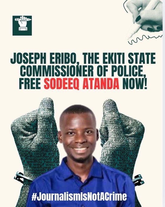 OlayideO_Soaga's tweet photo. Over a report exposing sexual harassment perpetrated by Abayomi Fasina, FUOYE's VC, the Ekiti State Police Command is detaining FIJ Nigeria’s senior reporter Sodeeq Atanda.

#FreeSodeeqAtanda
#JournalismIsNotACrime
#FreeSodeeqAtandaNow https://t.co/kJc3arEjS2