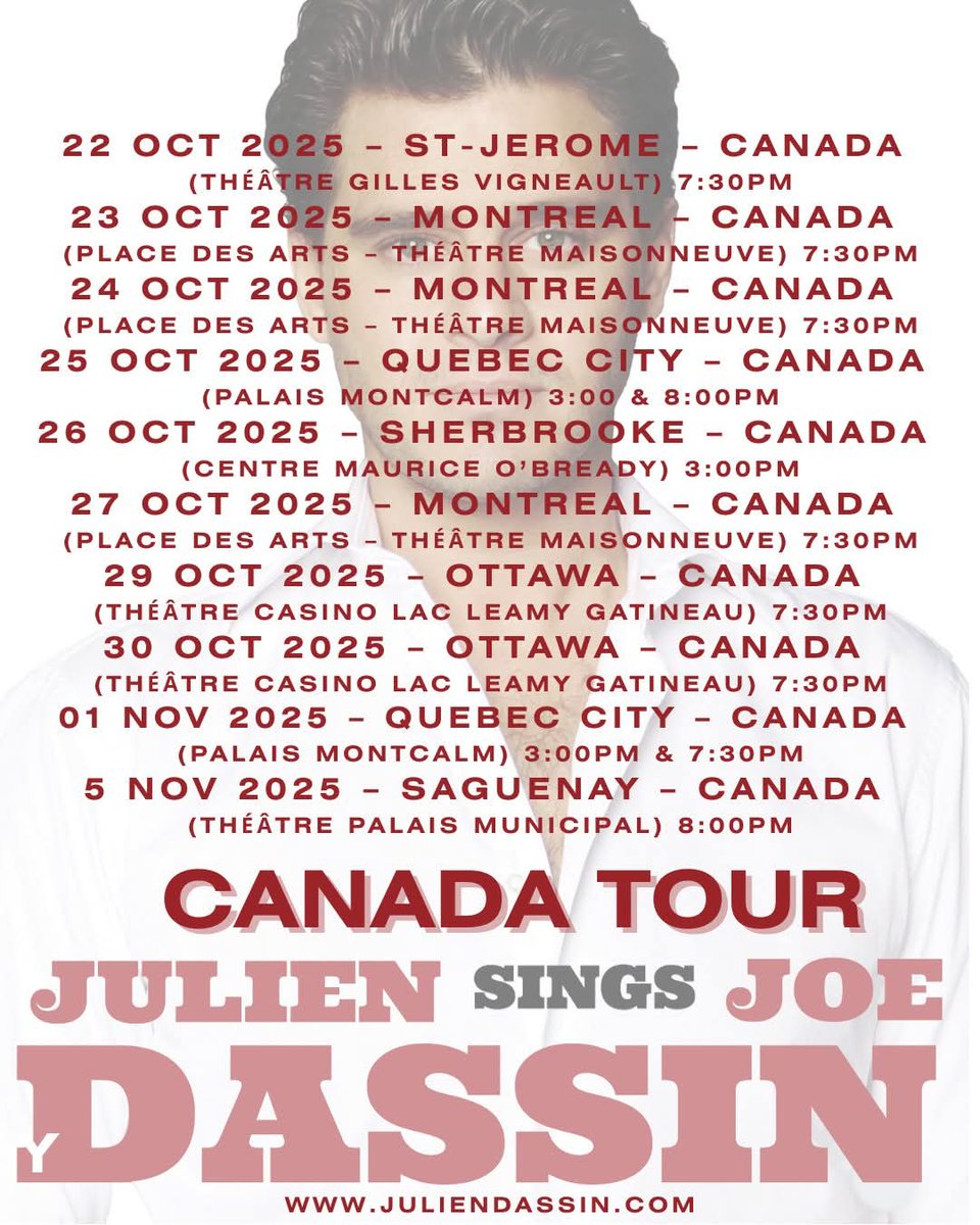 De retour au Canada ! JOE DASSIN STORY par JULIEN DASSIN
#dassinbydassin #dassintour #dassintour2025 #canada #quebec #montreal #sherbrooke #saintjerome #quebeccity #saguenay #gatineau #ottawa #fglproductions #thierrywolf #joedassin #JulienDassin #joedassinstory