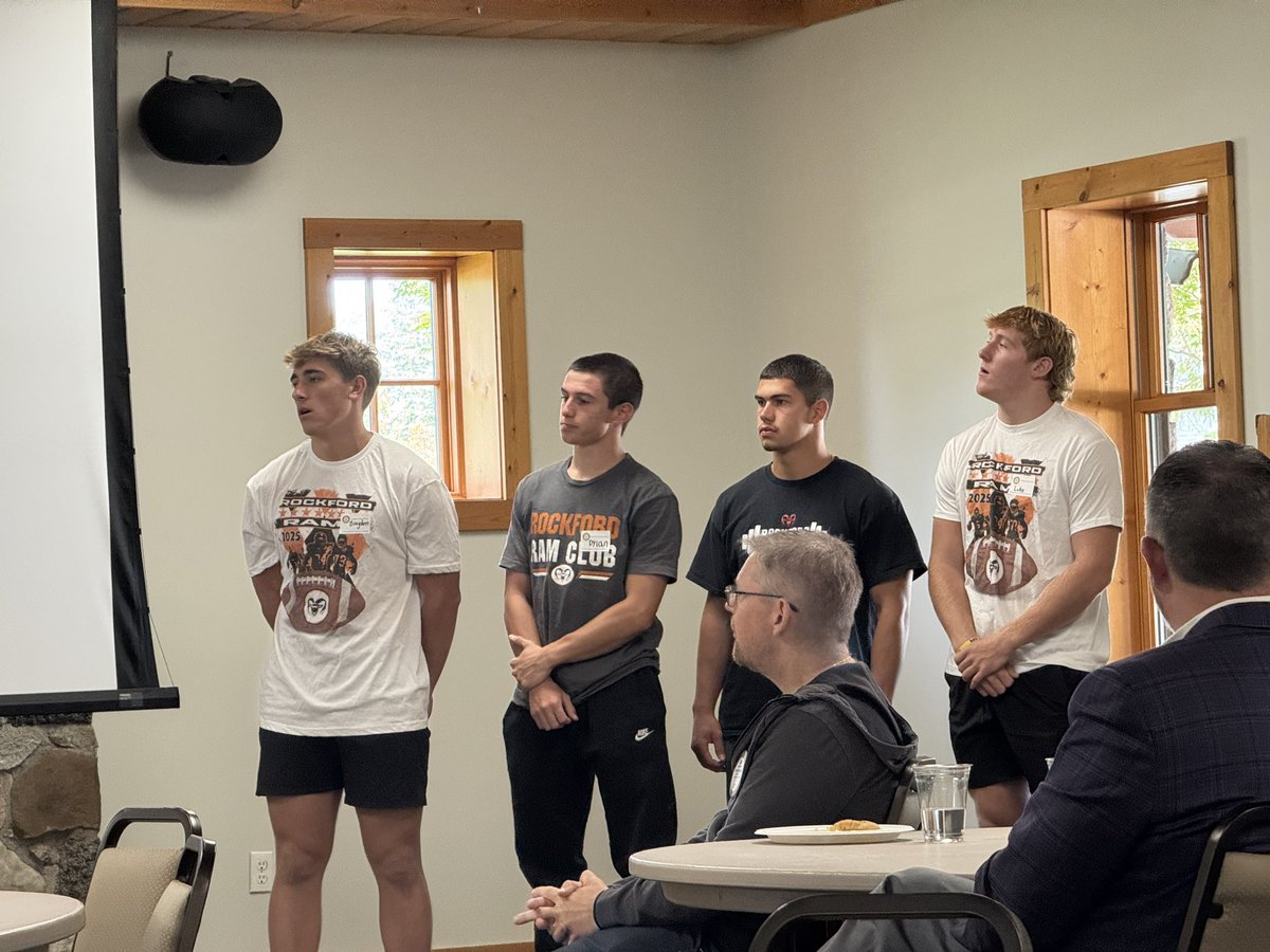 docsmatthews's tweet photo. Our @RockfordRamsFB captains and Coach Cummings came to Rockford Rotary to talk about Ram Pride - Ram Tough! #RamPride https://t.co/nRyT0ZEJAW