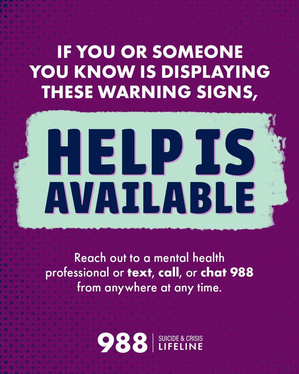msdh's tweet photo. 💜 September is #SuicidePreventionMonth

Warning signs in youth may include:
✔️ Talking about suicide
✔️ Hopelessness
✔️ Overwhelming emotional pain
✔️ Sudden behavior changes

Help is here. 📞 Call, text, or chat 988 anytime.

#YouMatter #988Lifeline #HealthyMS https://t.co/iCw9NHtQkC